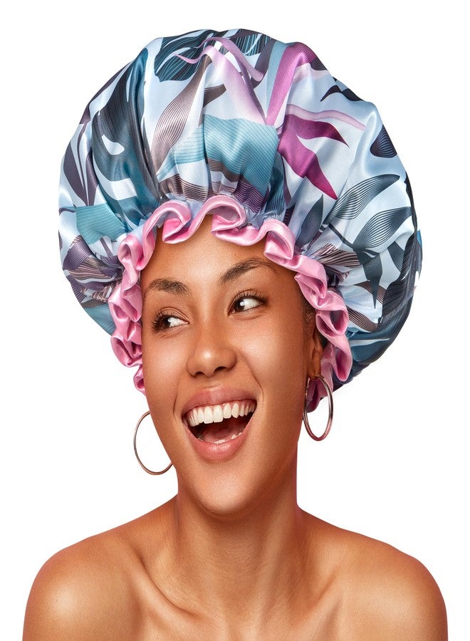 mikimini Large Shower Cap for Women Reusable Waterproof, Hair Cap for Shower with Double Layers, Tropic Style Hair Cover with Elastic Band for Shower suit for Long Hair, Braids - Image 1
