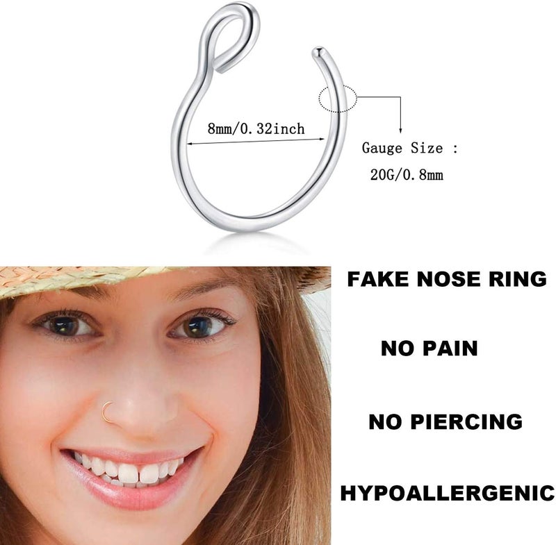 Earmark 20G 5Pcs Adjustable 8MM Fake Nose Rings Hoop in High Polished Surgical Steel | Diameter 8MM | Color Gold - Silver - Black - Rainbow - Image 2