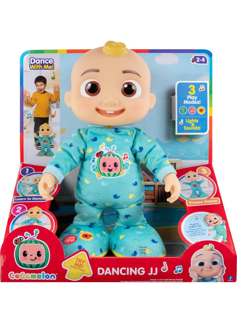 Jazwares Cocomelon Deluxe Dancing JJ Plush Doll 14-Inches, Battery Operated | Dance & Sing Along with JJ | Plays "Looby Loo" & "If You Are Happy and You Know It" song | Soft Toy | Interactive Plush Toy for Baby and Toddler | Educational Toy | Early Learning Toy | Helps with Motor Skill Development | Perfect Gift for Baby and Toddler - Image 1