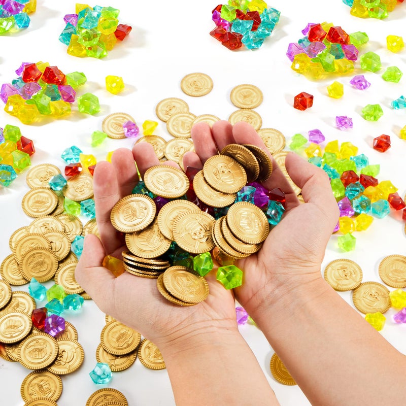 JOYIN Toy 288 Pieces Pirate Gold Coins and Pirate Gems Jewelry Playset Pack Party Favor. (144 Coins+144 Gems) - Image 3