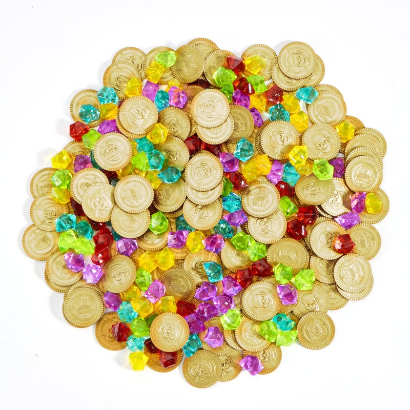 JOYIN Toy 288 Pieces Pirate Gold Coins and Pirate Gems Jewelry Playset Pack Party Favor. (144 Coins+144 Gems) - Image 1