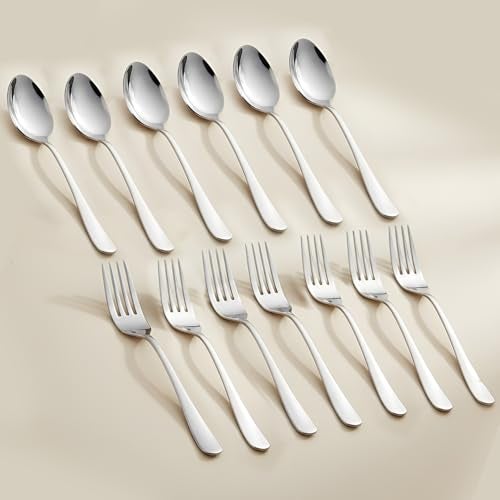 Parage 12 Pieces Stainless Steel Table Spoons and Forks Set with Round Edge, Tableware, Set of 12, Silver (Contains: 6 Table Spoons and 6 Dinner Forks) - Image 1