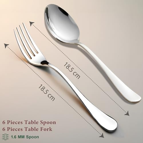 Parage 12 Pieces Stainless Steel Table Spoons and Forks Set with Round Edge, Tableware, Set of 12, Silver (Contains: 6 Table Spoons and 6 Dinner Forks) - Image 5