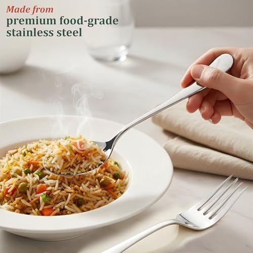 Parage 12 Pieces Stainless Steel Table Spoons and Forks Set with Round Edge, Tableware, Set of 12, Silver (Contains: 6 Table Spoons and 6 Dinner Forks) - Image 2