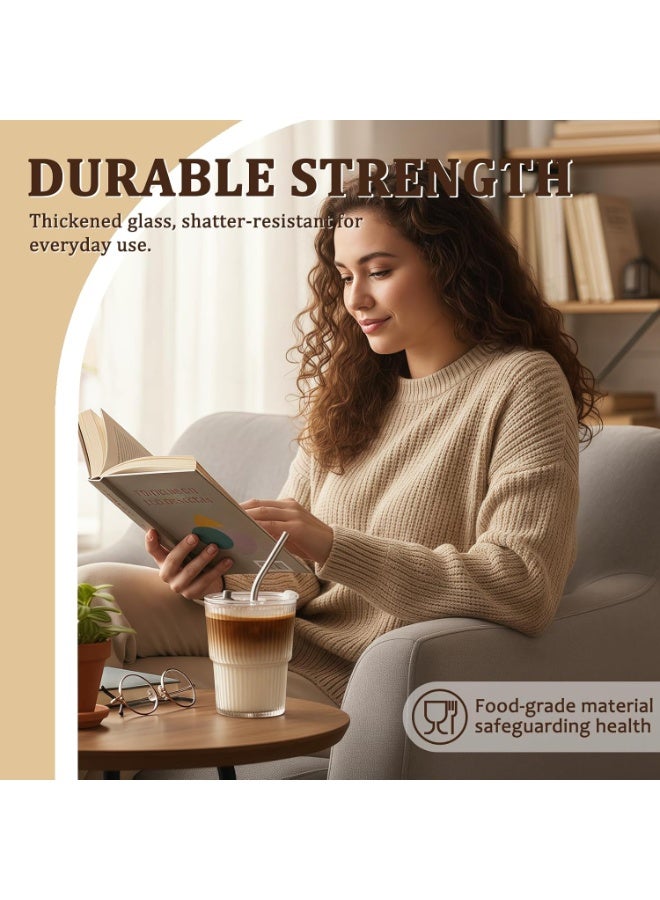 YUFAN Glass Tumbler with Lid and Straw Ribbed Clear Vintage Style Ice Coffee Cup Bulk Smoothie Juice Matcha Tea Water Slushie Hot Drink Glass Travel Mug for Everyday Use - Image 3
