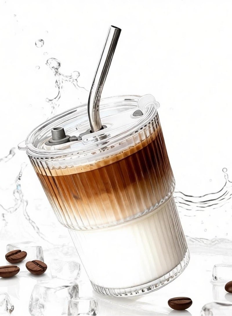 YUFAN Glass Tumbler with Lid and Straw Ribbed Clear Vintage Style Ice Coffee Cup Bulk Smoothie Juice Matcha Tea Water Slushie Hot Drink Glass Travel Mug for Everyday Use - Image 1