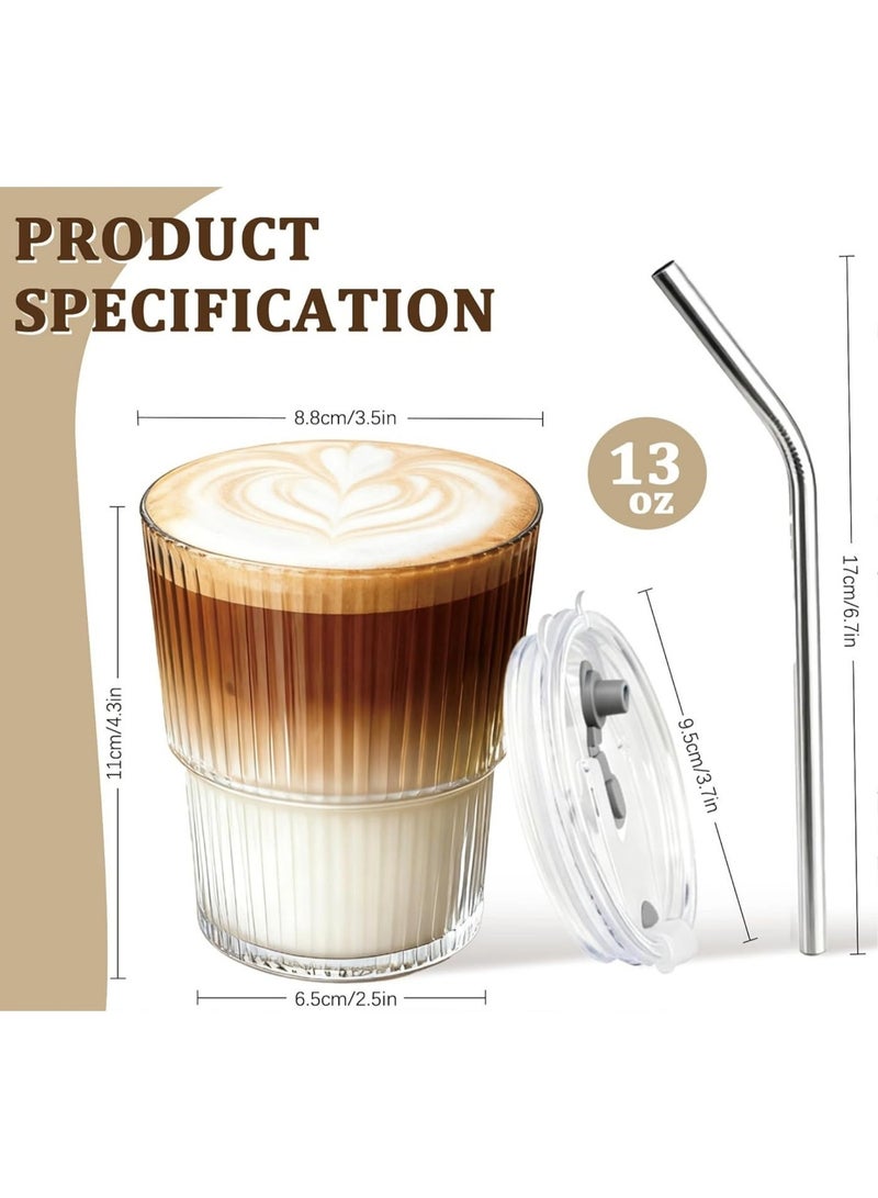 YUFAN Glass Tumbler with Lid and Straw Ribbed Clear Vintage Style Ice Coffee Cup Bulk Smoothie Juice Matcha Tea Water Slushie Hot Drink Glass Travel Mug for Everyday Use - Image 2
