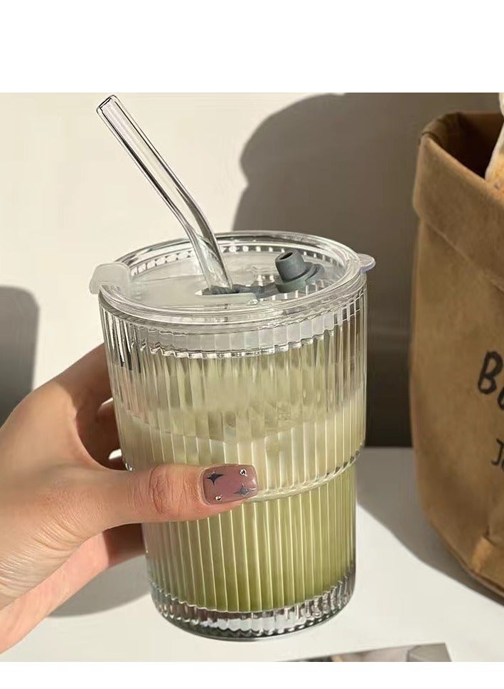 YUFAN Glass Tumbler with Lid and Straw Ribbed Clear Vintage Style Ice Coffee Cup Bulk Smoothie Juice Matcha Tea Water Slushie Hot Drink Glass Travel Mug for Everyday Use - Image 4