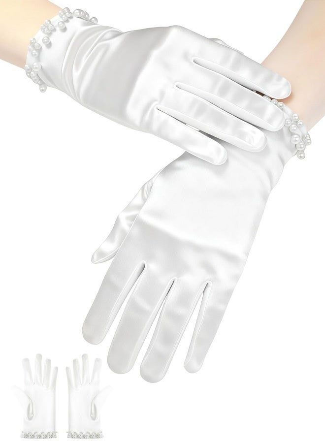 White Gloves for Women, Pearl Satin Gloves for Bridal Elegant Short 1920s for Wedding Opera Dinner Party - Image 1