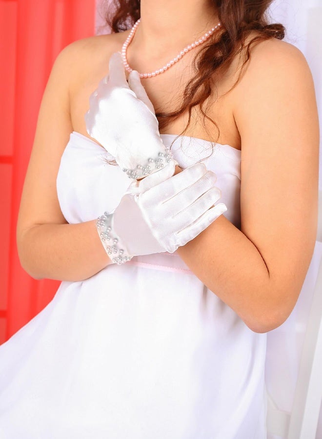 White Gloves for Women, Pearl Satin Gloves for Bridal Elegant Short 1920s for Wedding Opera Dinner Party - Image 3