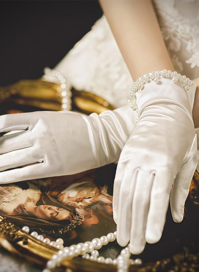 White Gloves for Women, Pearl Satin Gloves for Bridal Elegant Short 1920s for Wedding Opera Dinner Party - Image 5