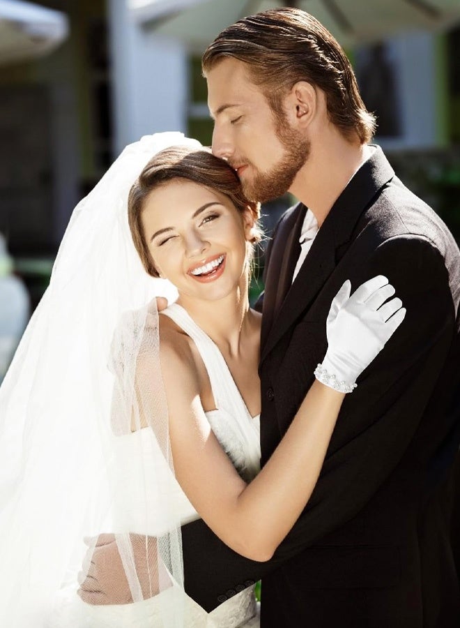 White Gloves for Women, Pearl Satin Gloves for Bridal Elegant Short 1920s for Wedding Opera Dinner Party - Image 4