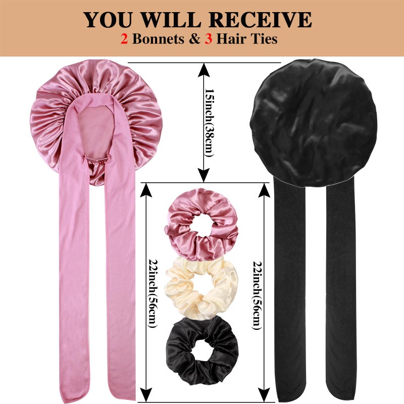 Heniho 2+3 Large Satin Bonnets with Scrunchies for Women, Hair Bonnet Sleeping Tie Bonnet for Braids Curly Hair, A - Image 2