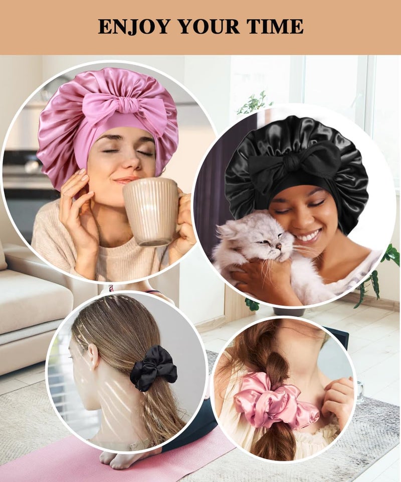 Heniho 2+3 Large Satin Bonnets with Scrunchies for Women, Hair Bonnet Sleeping Tie Bonnet for Braids Curly Hair, A - Image 5