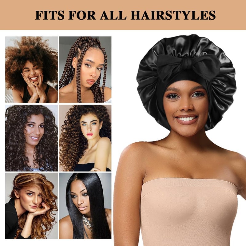 Heniho 2+3 Large Satin Bonnets with Scrunchies for Women, Hair Bonnet Sleeping Tie Bonnet for Braids Curly Hair, A - Image 4