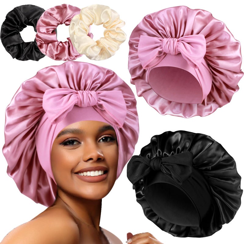 Heniho 2+3 Large Satin Bonnets with Scrunchies for Women, Hair Bonnet Sleeping Tie Bonnet for Braids Curly Hair, A - Image 1