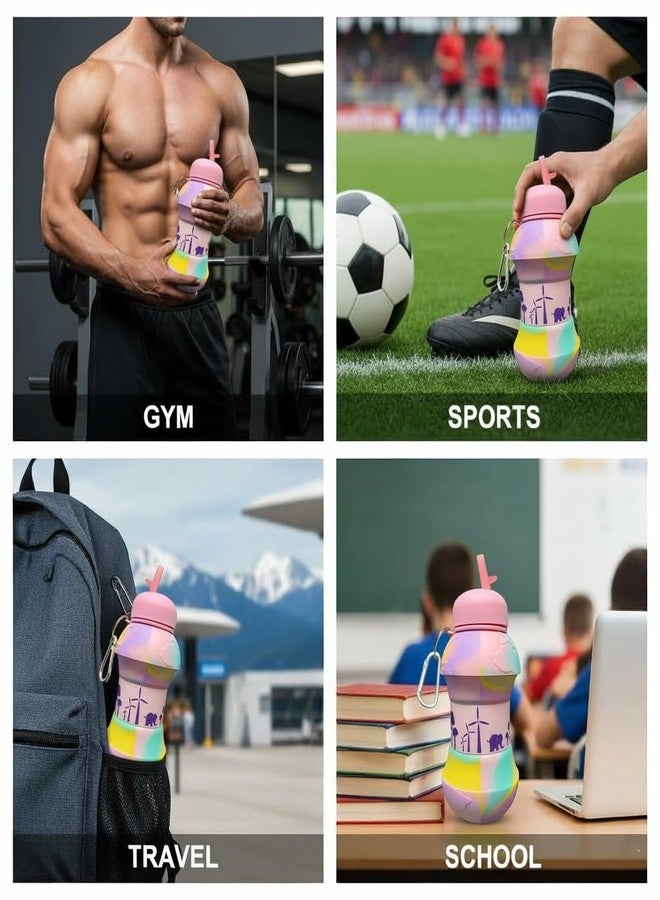 Jukusa Globe Design Collapsible Water Bottle 550ml. | BPA-Free Silicone, Leak-Proof Spout, Food Grade, with Carabiner Clip | For Gym, School, Sports & Travel (Pink) - Image 4