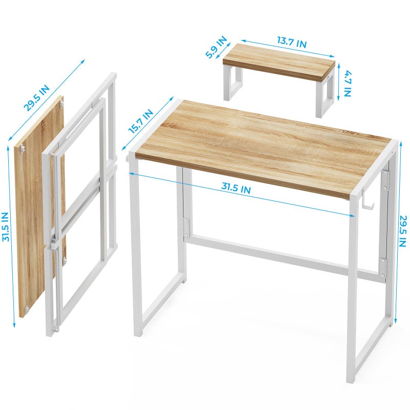 GreenForest Folding Desk with Monitor Stand, 31.5 Inch Foldable Computer Desk with Hook and Storage, Sturdy Small Space-Saving Writing Work Table for Home Office Dorm, Oak - Image 2