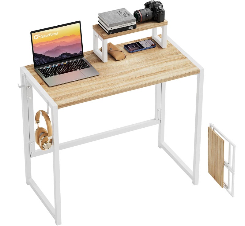 GreenForest Folding Desk with Monitor Stand, 31.5 Inch Foldable Computer Desk with Hook and Storage, Sturdy Small Space-Saving Writing Work Table for Home Office Dorm, Oak - Image 1