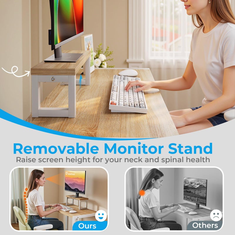 GreenForest Folding Desk with Monitor Stand, 31.5 Inch Foldable Computer Desk with Hook and Storage, Sturdy Small Space-Saving Writing Work Table for Home Office Dorm, Oak - Image 4
