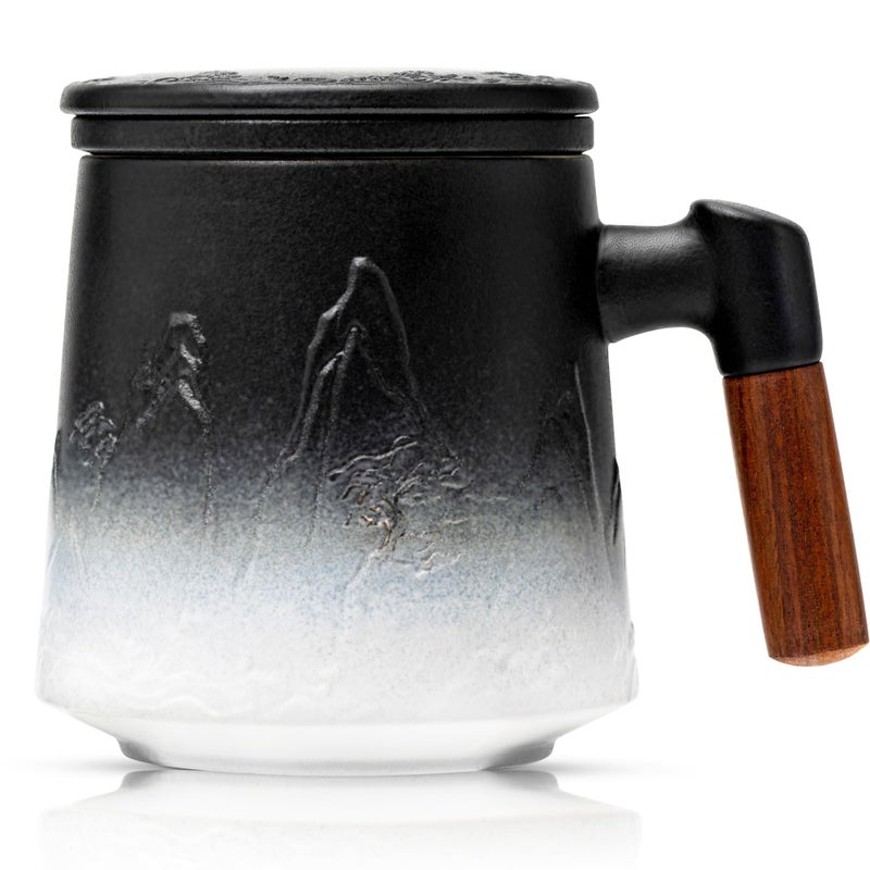 suyika Ceramic Tea Cup with Infuser and Lid Gradient Embossed Large Tea Mug Wooden Handle for Steeping Loose Leaf Tea Lover Gifts 152 oz  450 mlMatte Black