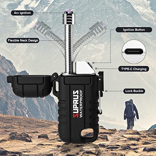 SUPRUS Waterproof Lighter Windproof Lighter Arc Plasma Lighters USB-C Rechargeable with Expandable and Flexible Neck for Outdoor, Camping & Kitchen (Black) - Image 3