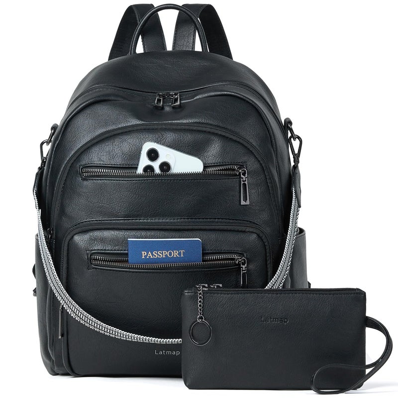 LATMAP Backpack Purse for Women Laptop Backpack, Leather Travel Backpack Shoulder Bag Teacher College Daypack Work Handbag fits 14" Laptop-Black - Image 1