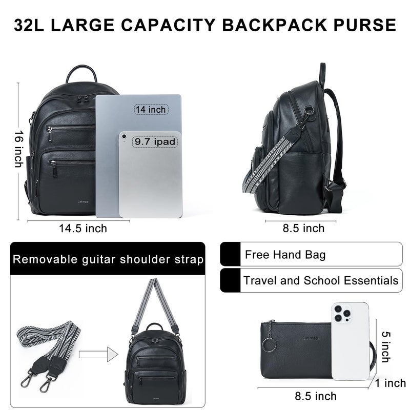 LATMAP Backpack Purse for Women Laptop Backpack, Leather Travel Backpack Shoulder Bag Teacher College Daypack Work Handbag fits 14" Laptop-Black - Image 3
