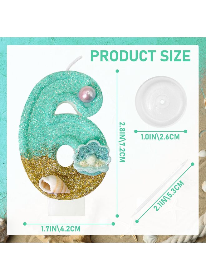 شموع عيد ميلاد فاخرة بتصميم شاطئ أزرق مع زخارف من الصدف واللؤلؤ، زينة كعكة مثالية لحفلات حورية البحر للفتيات واحتفالات الذكرى السنوية (رقم 6) - Image 2