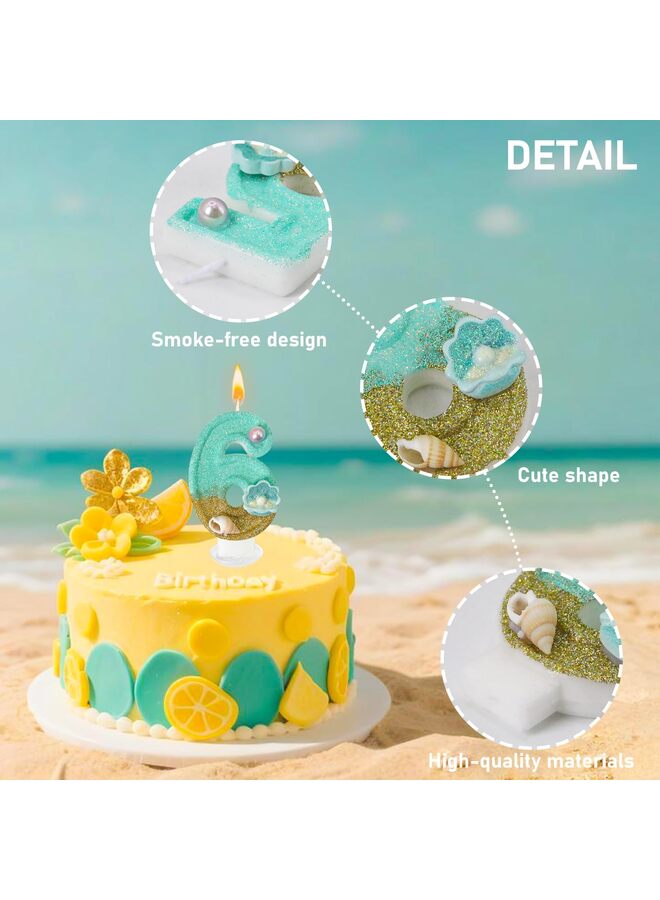شموع عيد ميلاد فاخرة بتصميم شاطئ أزرق مع زخارف من الصدف واللؤلؤ، زينة كعكة مثالية لحفلات حورية البحر للفتيات واحتفالات الذكرى السنوية (رقم 6) - Image 3