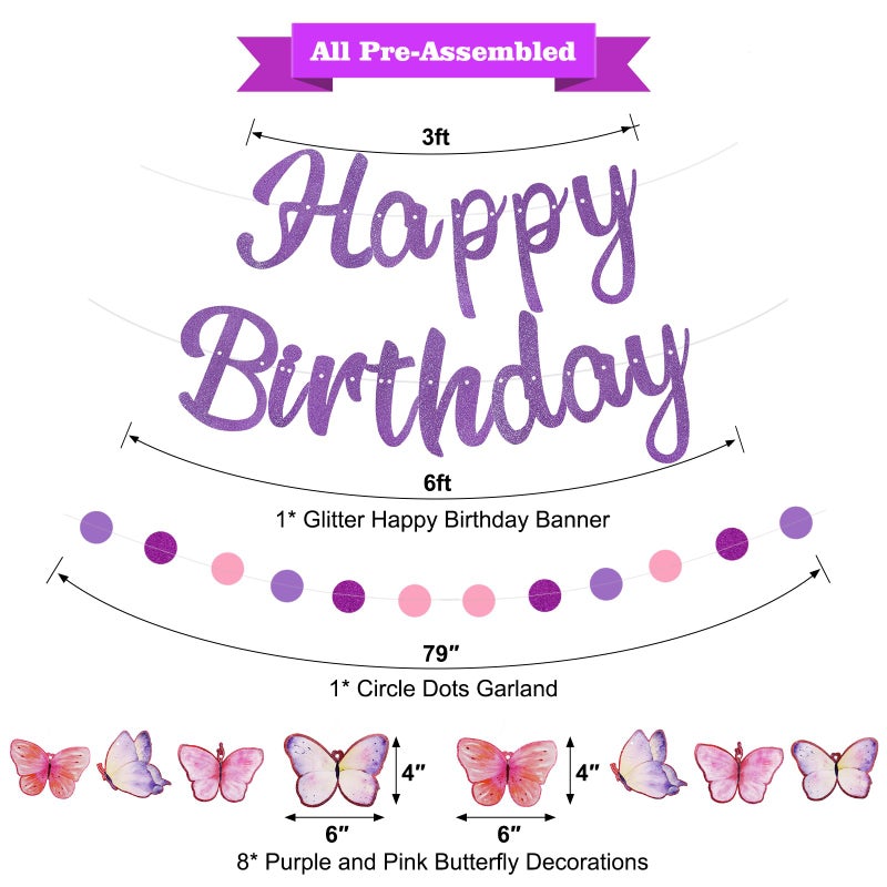 Danadia Pre-Strung Happy Birthday Banner, Purple Birthday Decorations with Butterflies and Circle Dot Garland, NO DIY Butterfly Party Decorations for Women Girls - Image 2
