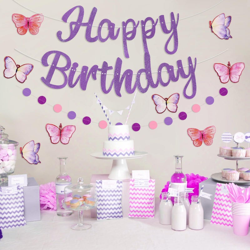 Danadia Pre-Strung Happy Birthday Banner, Purple Birthday Decorations with Butterflies and Circle Dot Garland, NO DIY Butterfly Party Decorations for Women Girls - Image 4