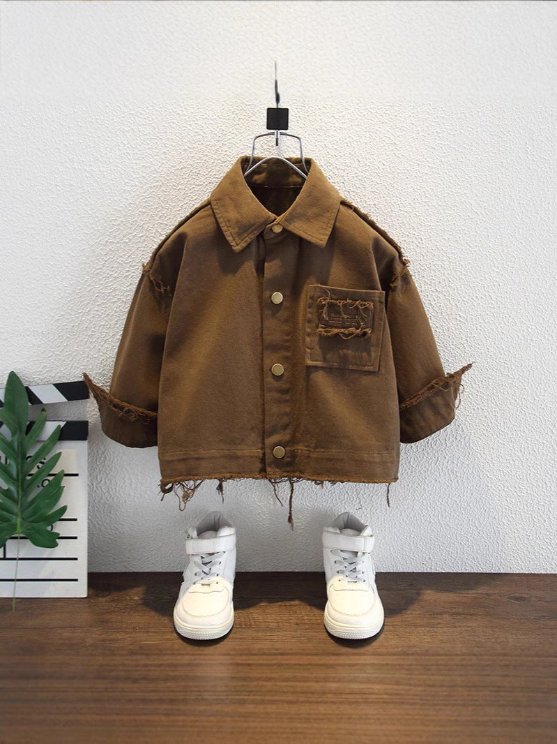 Boys' Raw Edge Pure Cotton Jacket, Kidsren'S Spring Style, Fashionable New Style, Handsome Fashionable Jacket, Baby'S Fashionable Casual Trend - Image 2