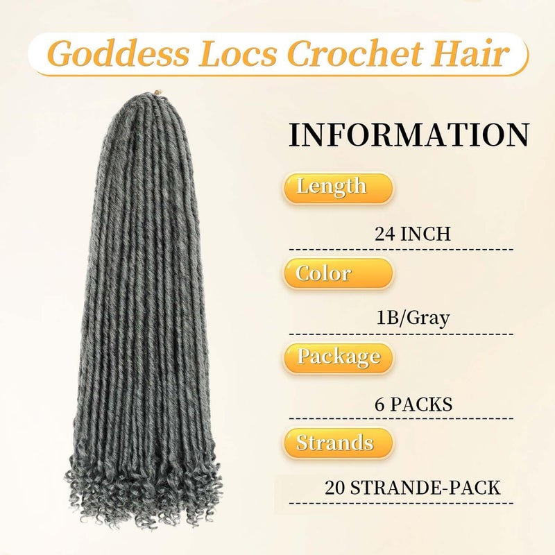 MODERN QUEEN Goddess Locs Crochet Hair 6 Packs 24 Inch Straight Faux Locs Crochet Hair for Black Women, Crochet Pre-Looped Curly Hair Soft Faux Locs Synthetic Braiding Hair Extensions (24 Inch, 6 Packs, 1B-Gray#) - Image 3