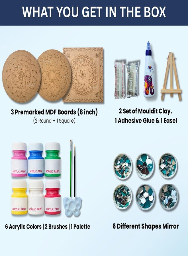 Parssufy مجموعة بارسوفي ليبان الفنية لتزيين الجدران - 3 ألواح MDF مقاس 8 بوصات مُعلّمة مسبقًا مع ألوان أكريليك، طين، مرايا حرفية، فرش وحامل | مجموعة فنون الطين التقليدية للأطفال والكبار - Image 2