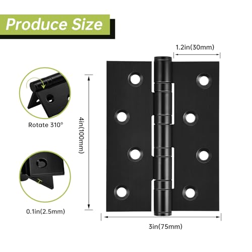 MOZCORN 6-Pack Black Door Hinges, 4 Inch Heavy Duty Stainless Steel Hinge for Interior Exterior Doors, Max Loading 150LB, Matte Black Ball Bearing Hinges with Screws, Smooth and Quiet - Image 2