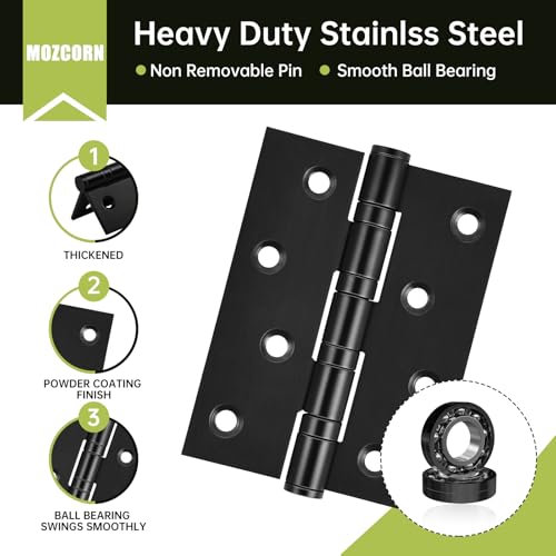 MOZCORN 6-Pack Black Door Hinges, 4 Inch Heavy Duty Stainless Steel Hinge for Interior Exterior Doors, Max Loading 150LB, Matte Black Ball Bearing Hinges with Screws, Smooth and Quiet - Image 3