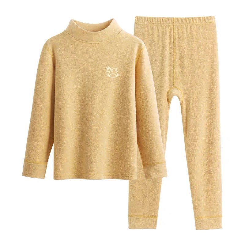 Half turtleneck plus thick velvet girls autumn clothes long pants suit mid collar brushed bottoming childrens thermal underwear for older girls Yellow 