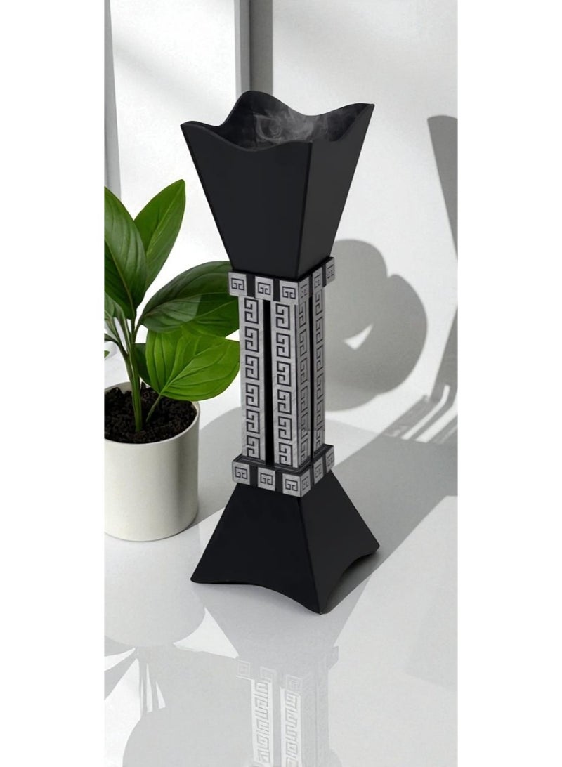 fan baytk Luxury Vertical Incense Burner Medium Size (60 x 18 x 18 cm): Elegant black design with geometric silver engravings, ideal for incense burners in living rooms and bedrooms, adding a touch of tranquility and beauty to the place