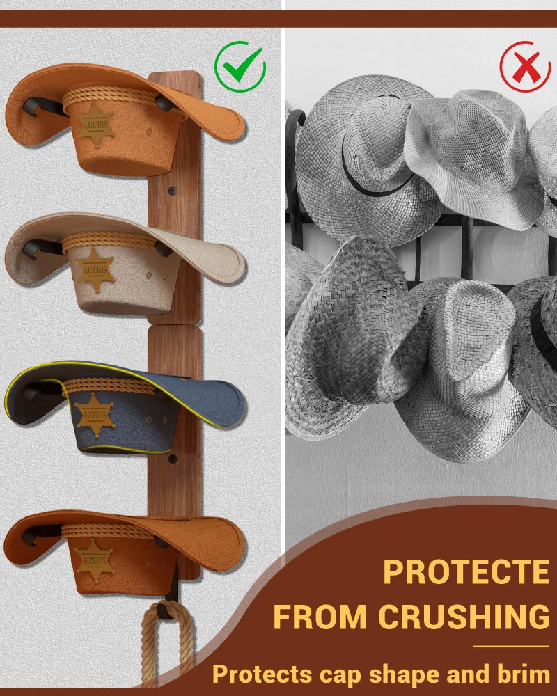 Midukit Cowboy Hat Rack for Wall, Cowboy Hat Holder for 4 with Hooks,Wooden Rustic Metal Hanger for Wall with Pine Board,Western Baseball Hat Rack Holder for Fedora, Sun Hats (4 Hats) - Image 3