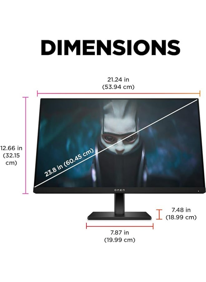 HP شاشة ألعاب OMEN 24، مقاس 23.8 بوصة، بدقة 1920 × 1080 (FHD)، IPS، مسطحة، 165 هرتز، 1 مللي ثانية، 300 شمعة في المتر المربع، FreeSync Premium، DisplayPort و2x HDMI 2.0، معتمدة من Eyesafe، 780D9AS - Image 2