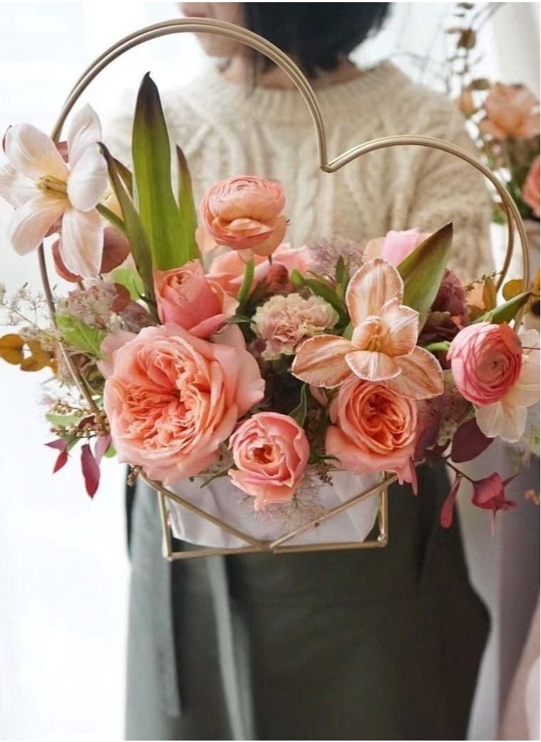 Kutis Portable Handmade Hollow Heart Shaped Metal Floral Use Flower Basket Shelf Golden 34 x 12 x 36 Centimeter  - Image 1
