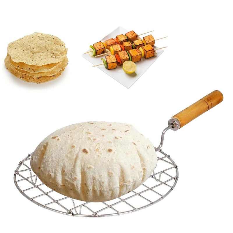 Steelish Steelish Stainless Steel Round Papad Jali Roast | Cooking Grill Jali | Chapati Toast Grill | Barbeque Jali Roaster | Multi-Functional Steel Wire Roaster with Wooden Handle (Round) - Image 2