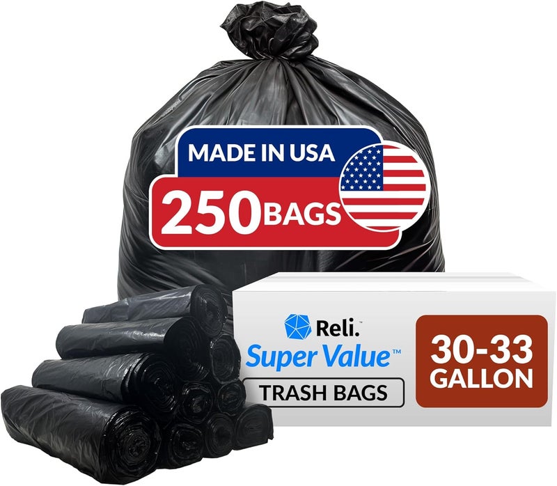Reli. . 30-33 Gallon Trash Bags Heavy Duty | 250 Count Bulk | Black Large Trash Bags 30+, 32 Gallon | Made in USA - Image 1