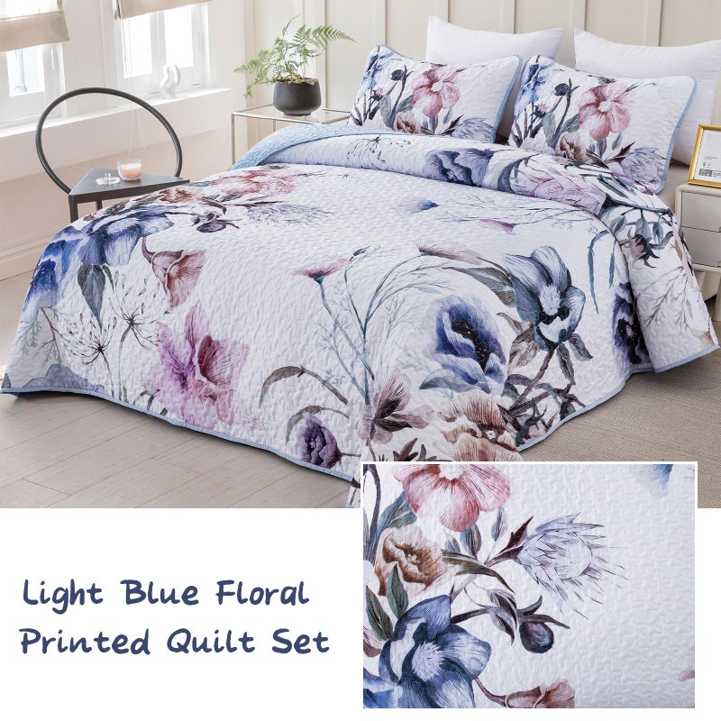 Drucon Floral Quilt Set Queen 3 Pieces Light Blue Floral Quilt Coverlet Set Soft Microfiber Lightweight Light Blue Quilted Bedspread for All Season 90""x96"" - Image 2