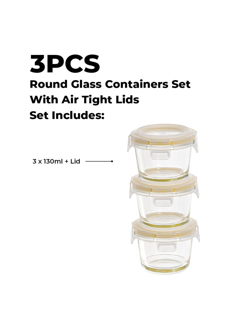 ايست من نون عبوة 3 قطع من حاويات الطعام الزجاجية البوروسيليكات صغيرة الحجم للأطفال مع أغطية محكمة، شكل دائري لتحضير الوجبات، وجبات خفيفة للأطفال، صلصات، آمنة في غسالة الصحون والميكروويف، صفراء، 130 مل - Image 2