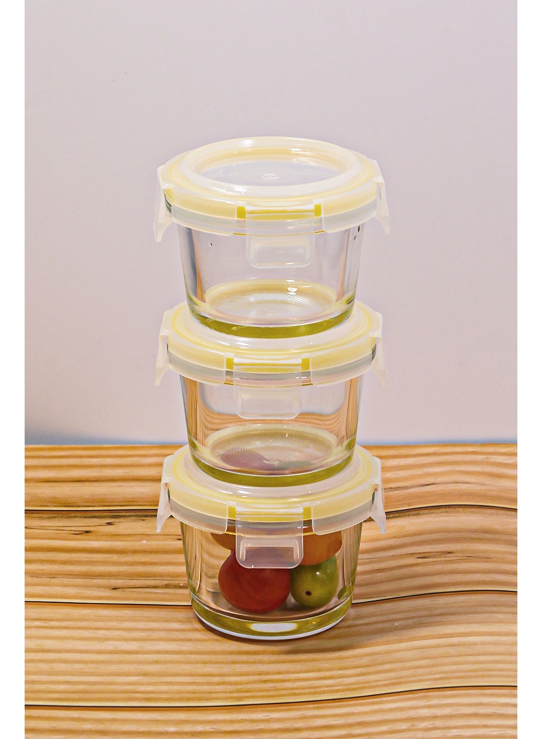 3 Pack Borosilicate Glass Small Baby-Size Food Containers with Airtight Lids, Round Shape for Meal Prep, Baby's Snacks, Sauces, Dishwasher & Microwave Safe, Yellow, 130ml