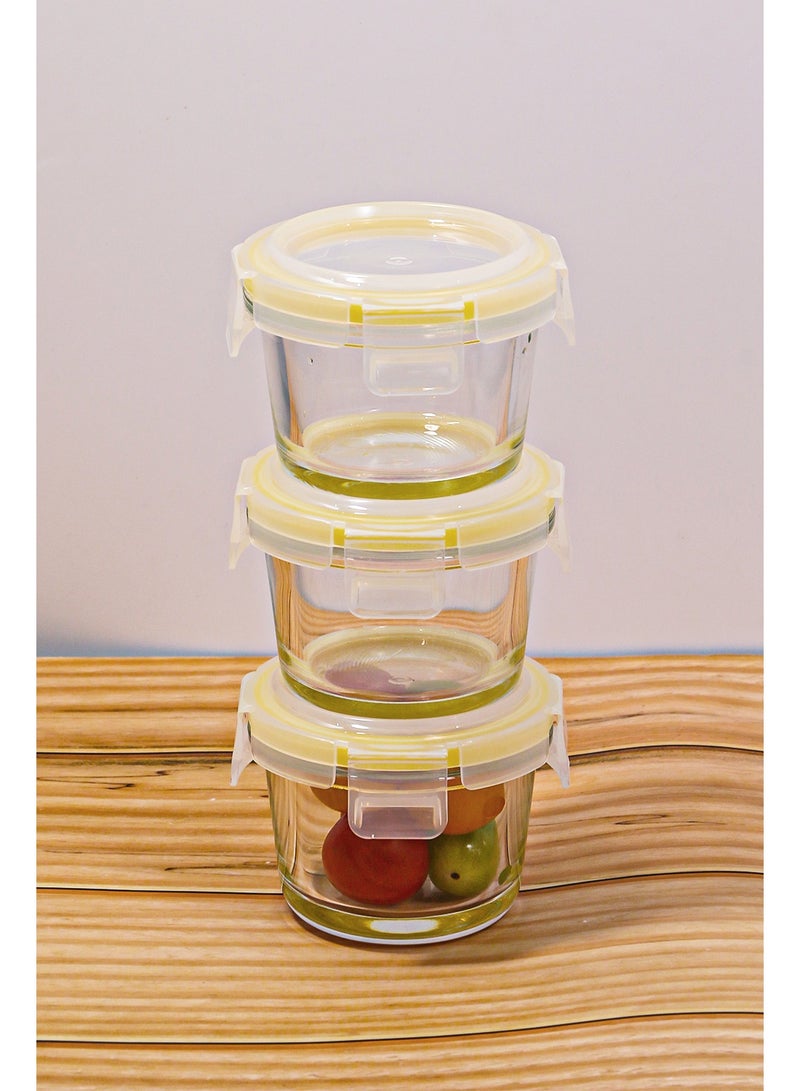 ايست من نون عبوة 3 قطع من حاويات الطعام الزجاجية البوروسيليكات صغيرة الحجم للأطفال مع أغطية محكمة، شكل دائري لتحضير الوجبات، وجبات خفيفة للأطفال، صلصات، آمنة في غسالة الصحون والميكروويف، صفراء، 130 مل - Image 1