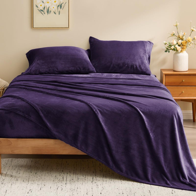 Bedelite Flannel Sheets Twin Size Purple - Super Soft Fleece Sheets Set Fluffy Extra Plush  3 Piece(Include Fitted Sheet  Flat Sheet  1 Pillowcase) - Image 2