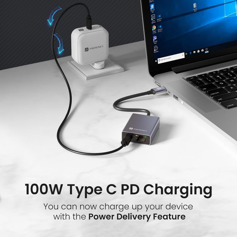 Portronics محور Mport 30M USB Type-C إلى PD 100W ومركز Ethernet، منفذ RJ45 LAN، 10/100/1000 ميجابت في الثانية، قابس Type-C، إنترنت سريع ومستقر، متوافق مع macOS وWindows وAndroid وiOS (رمادي) - Image 5